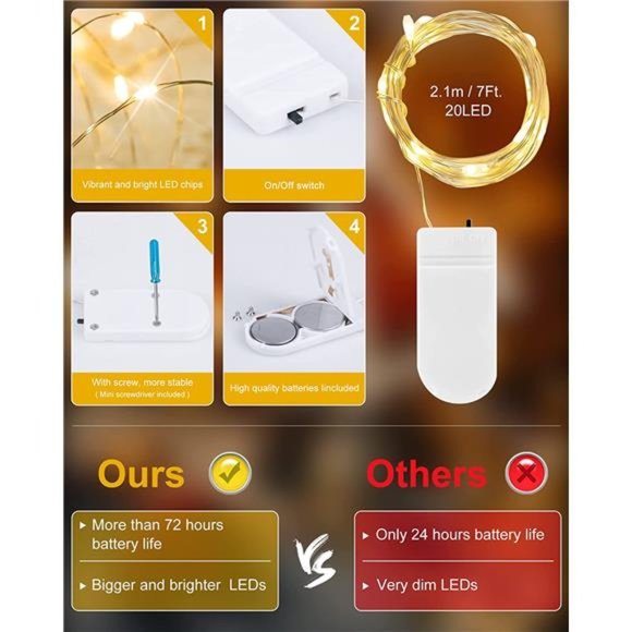 12 Pack Led Fairy Lights Battery Operated String Waterproof Silver Wire 7 Feet - Picture 2 of 6